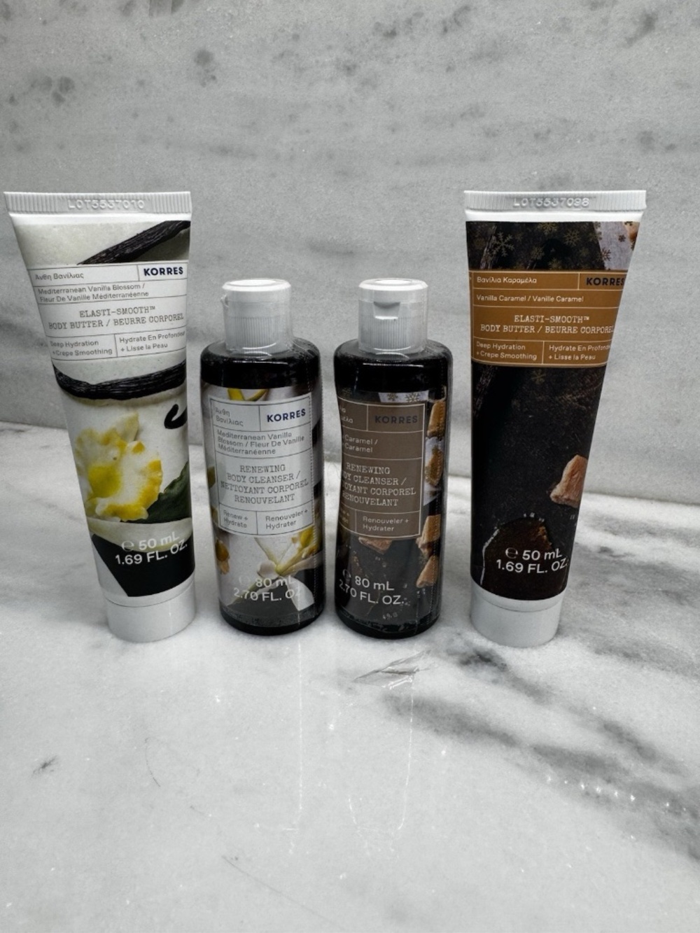 KORRES Travel ~ BODY BUTTER & CLEANSER ~ Vanilla Carmel & Mediterranean Vanilla
